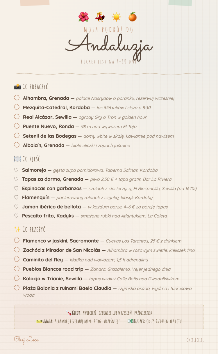 Andaluzja travel checklista — co zobaczyć, zjeść i przeżyć w Andaluzji. Alhambra, Mezquita-Catedral, Setenil de las Bodegas, flamenco w Sacromonte i tapas w Trianie.