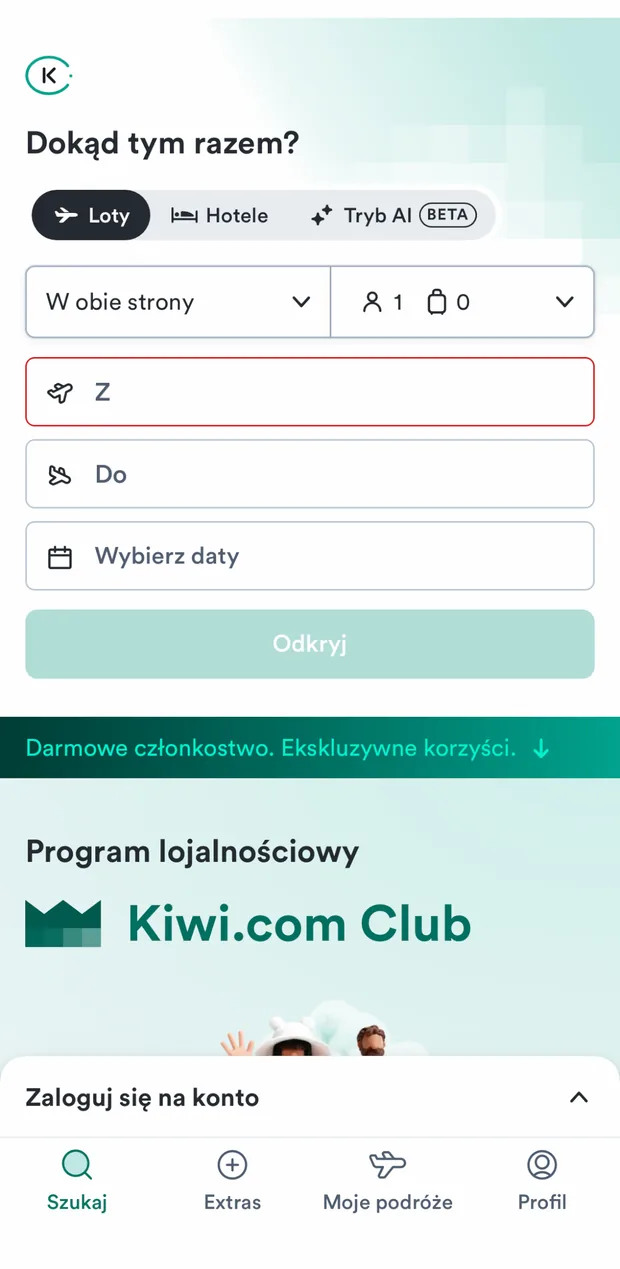 Ekran startowy Kiwi.com