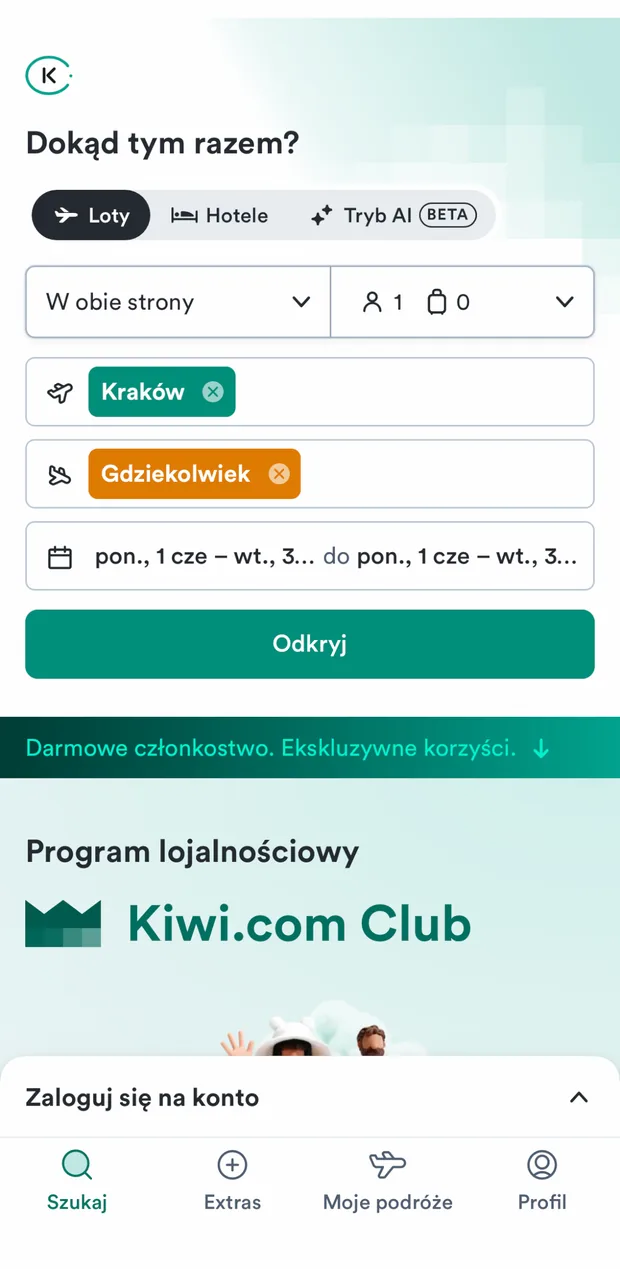 Tryb 'Wszędzie' — Kraków → Gdziekolwiek