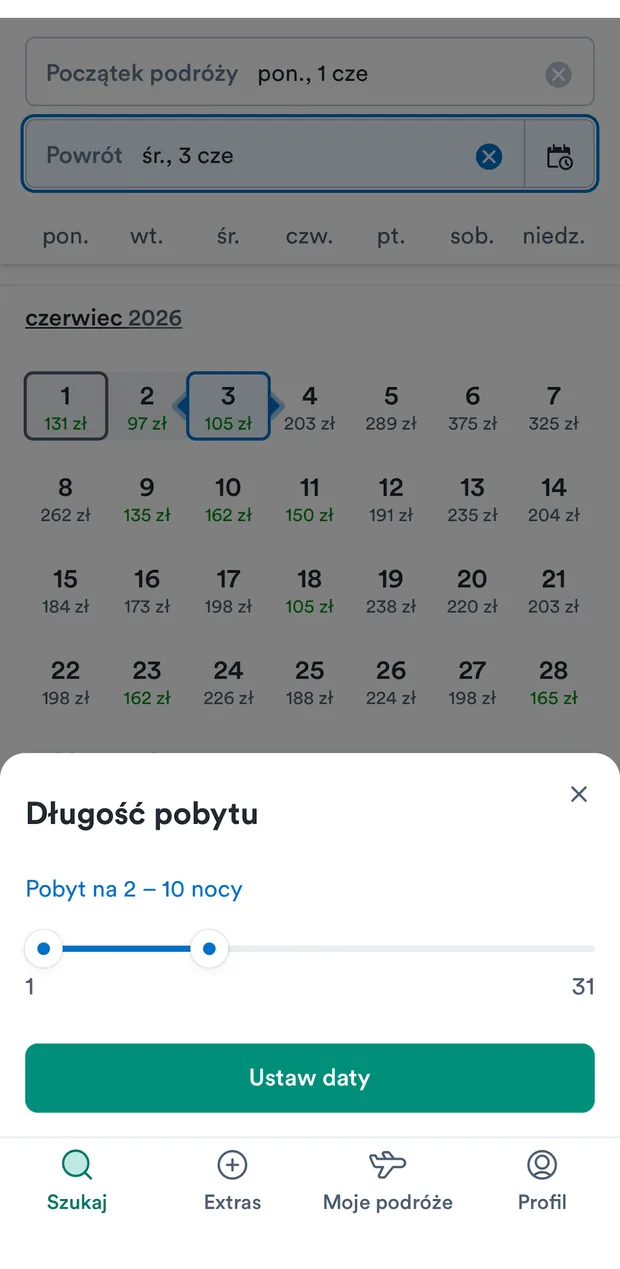 Suwak długości pobytu — od 2 do 10 nocy