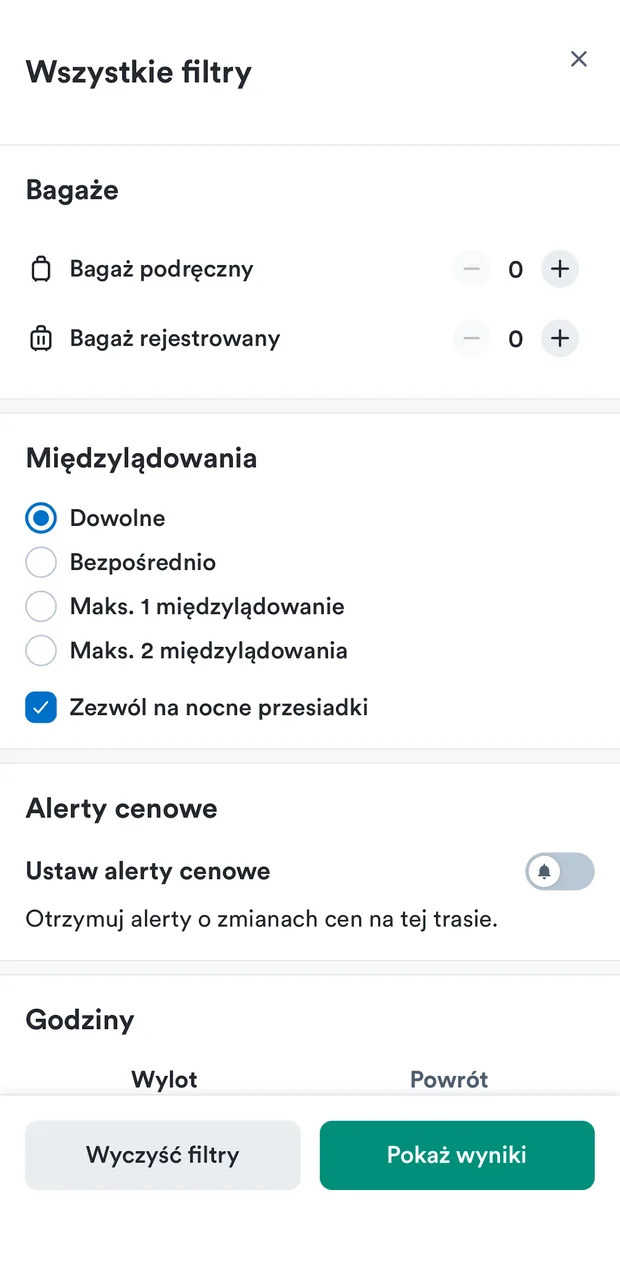 Filtry — bagaże, międzylądowania, alerty cenowe