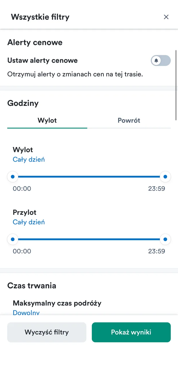 Filtry — godziny wylotu i powrotu