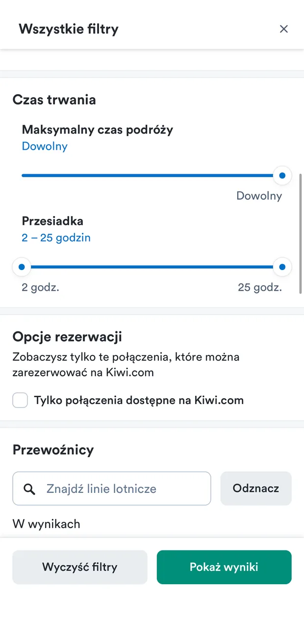 Filtry — czas trwania, przesiadka, przewoźnicy