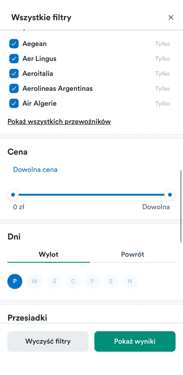 Filtry — przewoźnicy, cena, dni