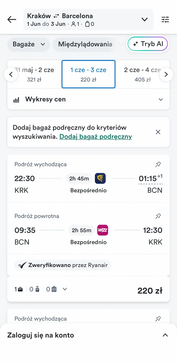 Lista wyników — loty Kraków → Barcelona od 220 zł