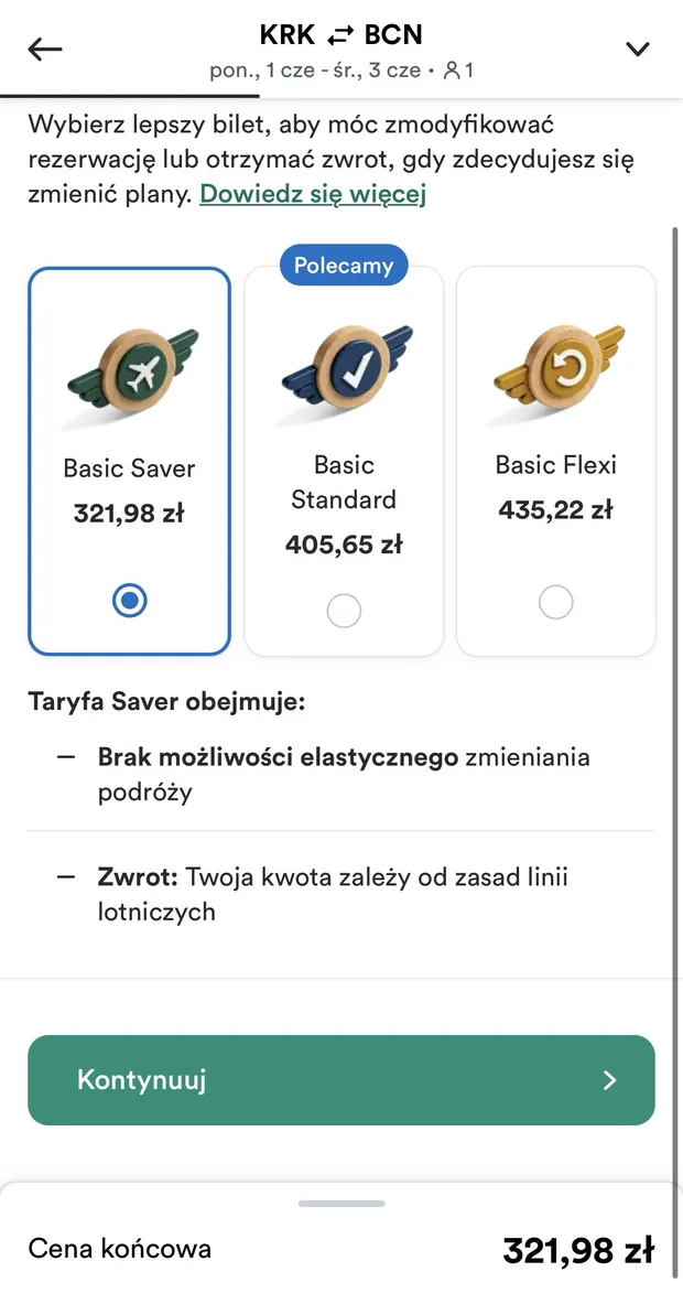 Wybór taryfy — Basic Saver, Standard, Flexi