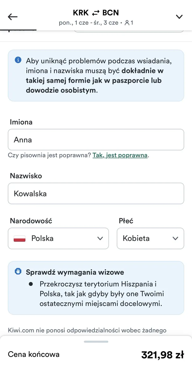 Pole imię, nazwisko, narodowość i płeć