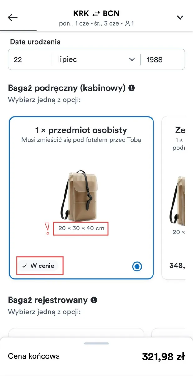 Bagaż podręczny — przedmiot osobisty „w cenie"