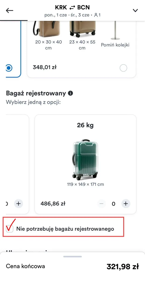 Bagaż rejestrowany 26 kg