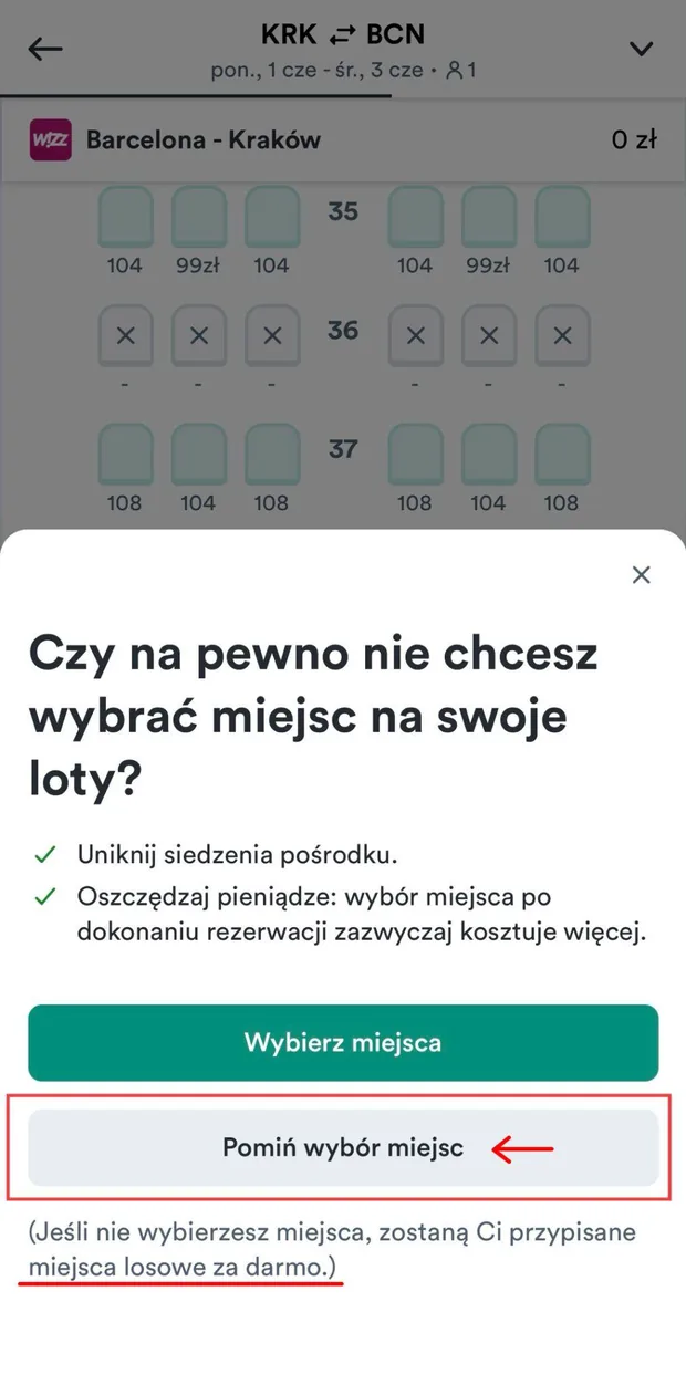 Wybór miejsc — opcja „Pomiń wybór miejsc"