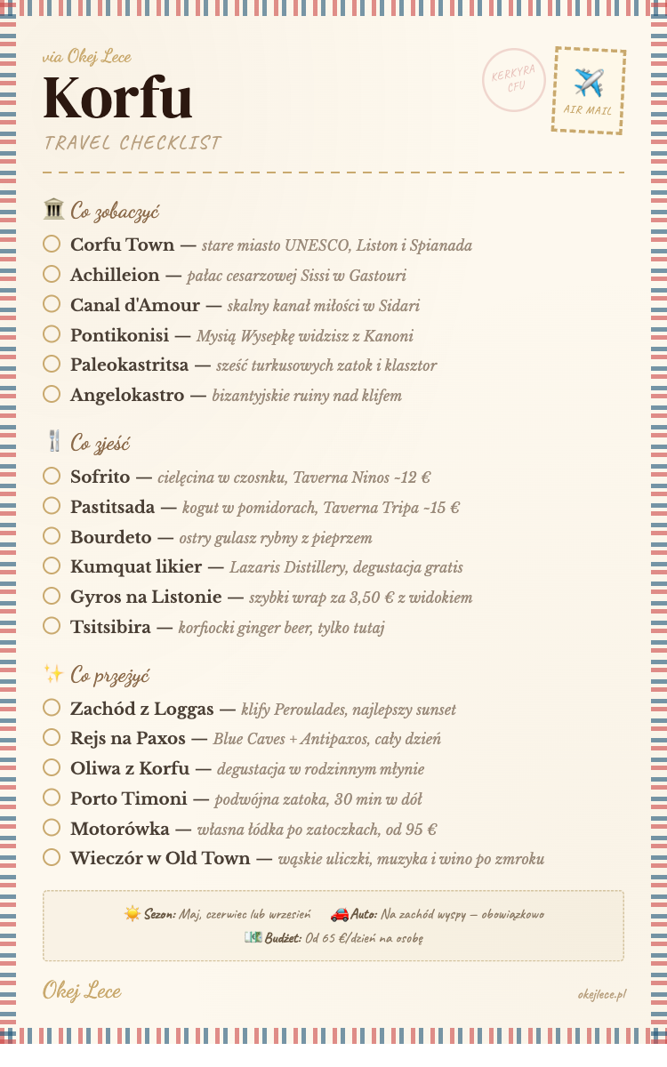 Korfu travel checklista — co zobaczyć, zjeść i przeżyć na Korfu. Corfu Town, Paleokastritsa, sofrito, pastitsada, zachód z Loggas i rejs na Paxos.