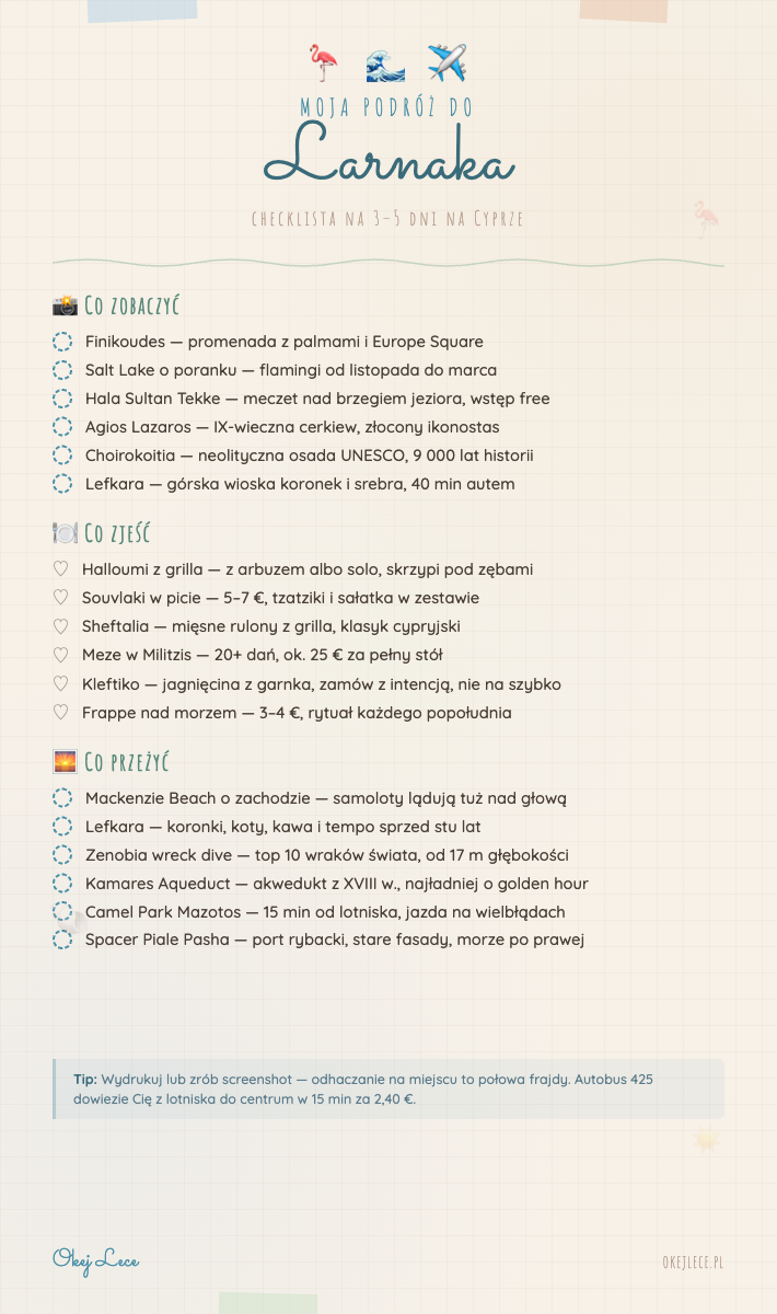 Larnaka travel checklista — co zobaczyć, zjeść i przeżyć w Larnace. Finikoudes, Salt Lake, halloumi, Zenobia, Mackenzie Beach i więcej.