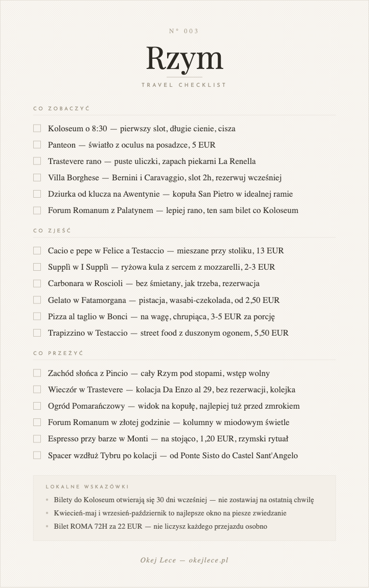 Rzym travel checklista — co zobaczyć, zjeść i przeżyć w Rzymie. Koloseum, Panteon, Trastevere, cacio e pepe, supplì, zachód słońca z Pincio