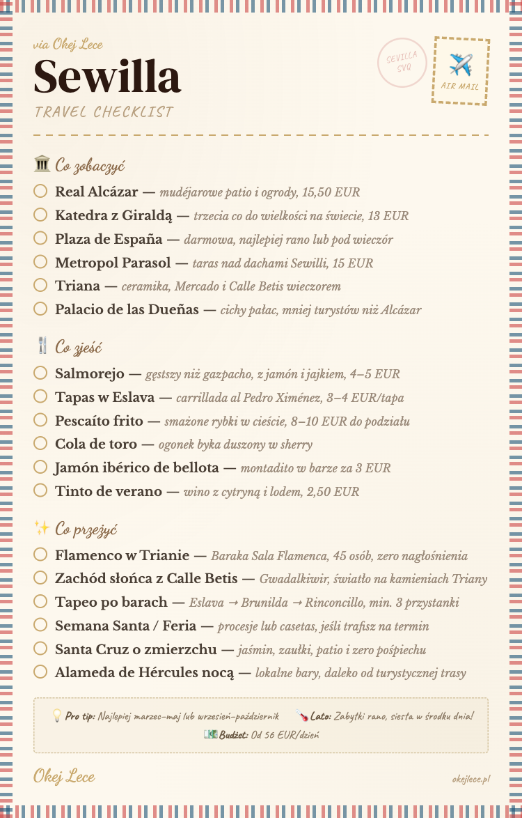 Sewilla travel checklista — co zobaczyć, zjeść i przeżyć w Sewilli. Alcázar, Plaza de España, Triana, salmorejo, tapas w Eslava, flamenco i więcej.
