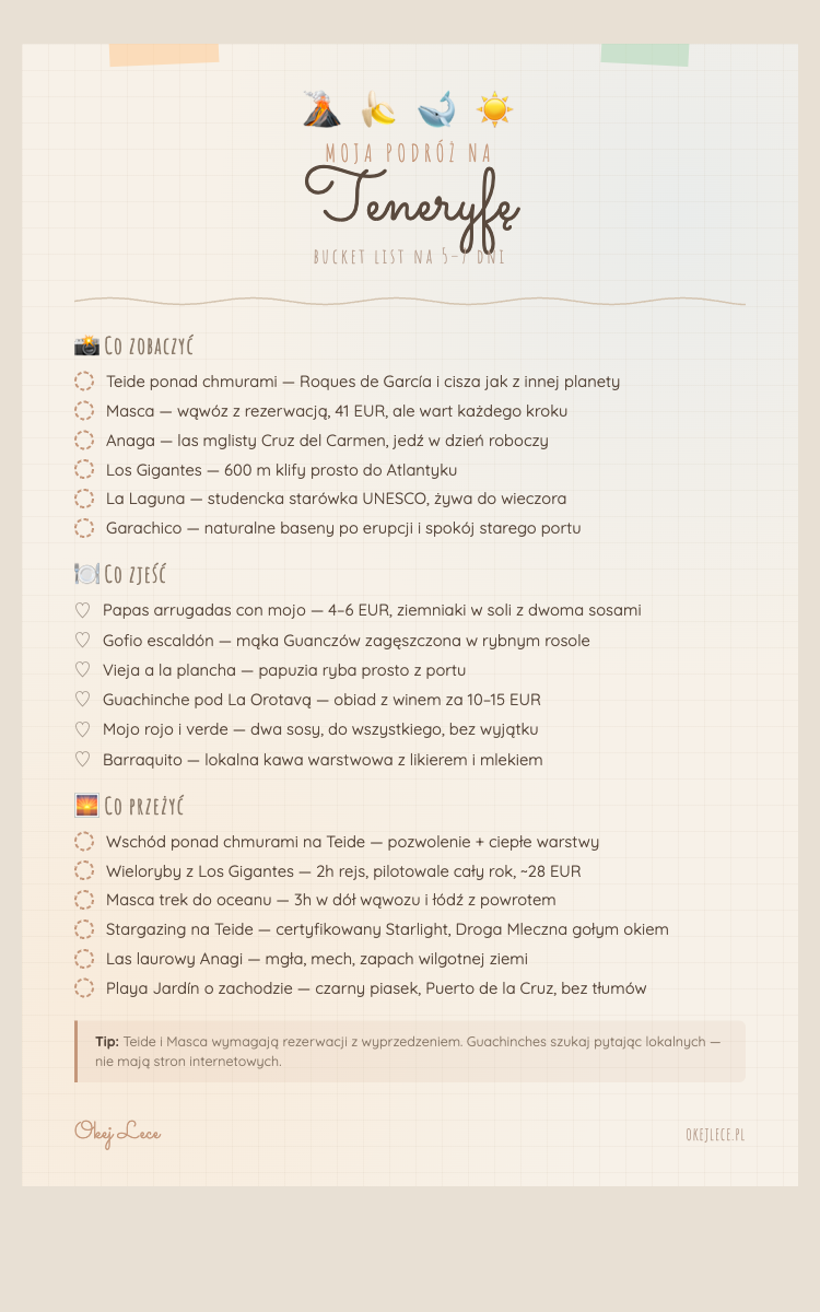 Teneryfa travel checklista — co zobaczyć, zjeść i przeżyć na Teneryfie. Teide, Masca, Anaga, papas arrugadas, guachinches, stargazing i więcej.